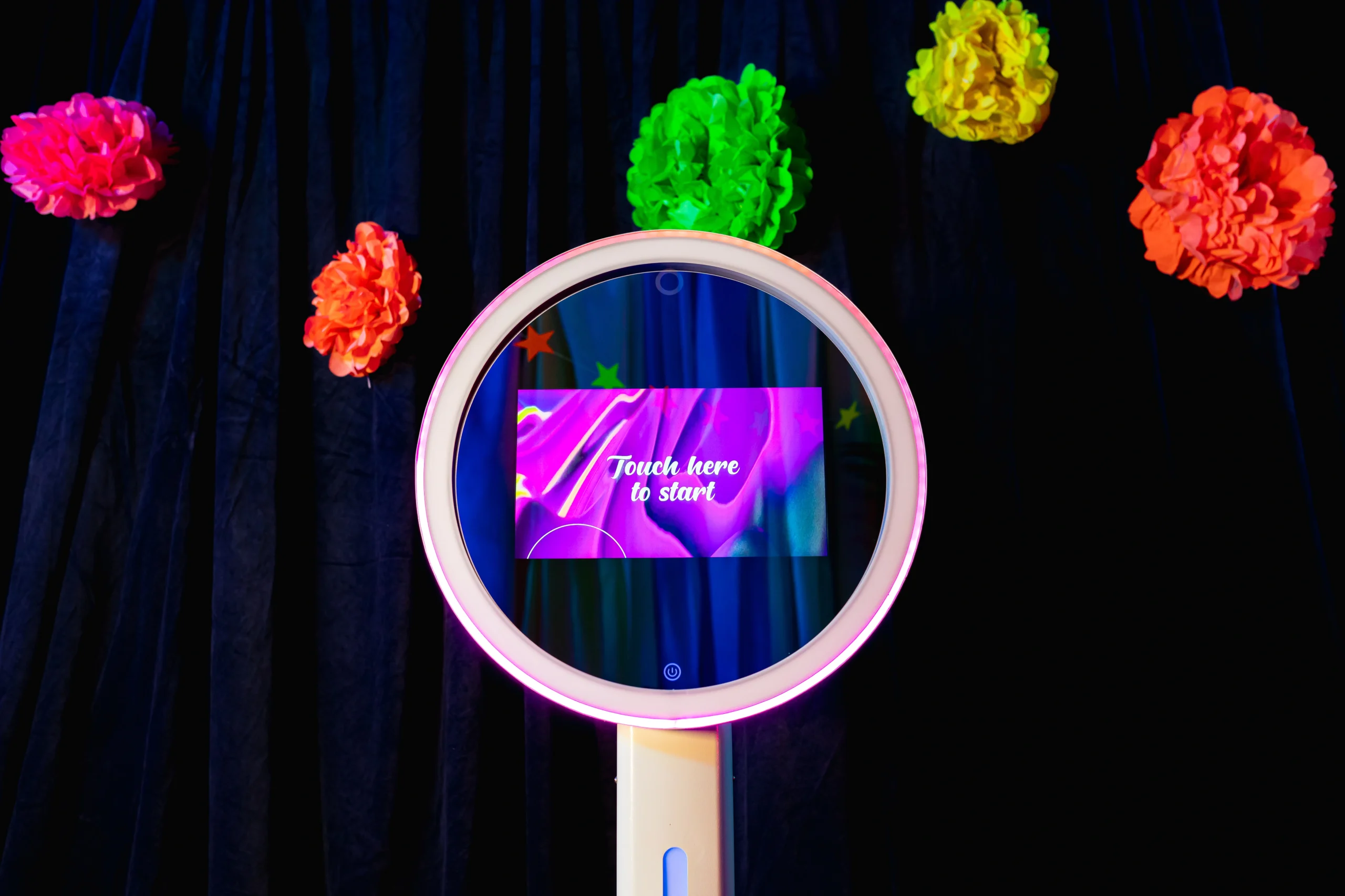 Mirror booth with pink and white aesthetic