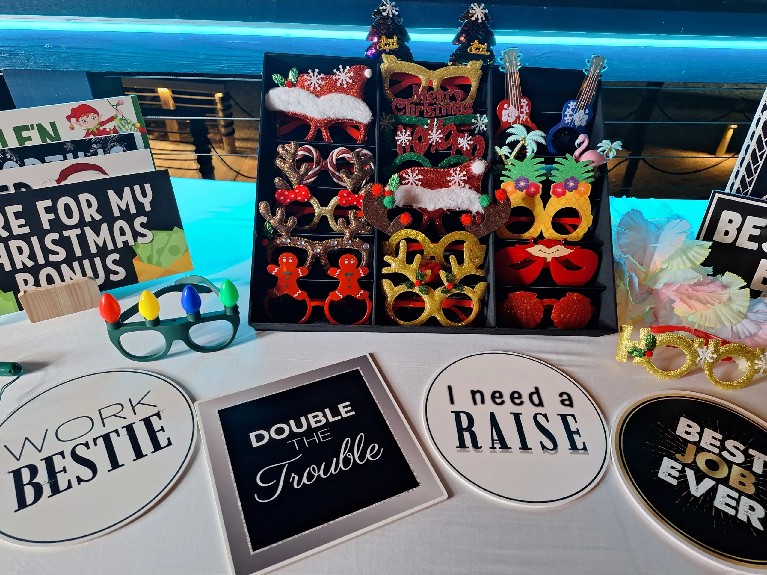 Professional holiday photo booth setup with props
